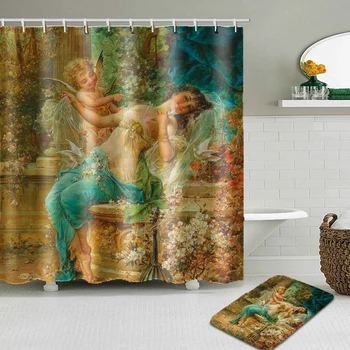 

Angels in Heaven Bathroom Shower Curtain Classical Decoration Home Washroom Curtain and Mat