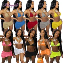 

Sexy Summer Bikini Three Piece Set Women Neon Solid Spaghetti Strap Bra Tank Top Mini Skirts Panties Suit Outfit Beach Swimsuit