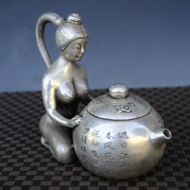 

Collectible White Copper Naked maid Statue Pot Pots Jug Crock teapot jug Crafts
