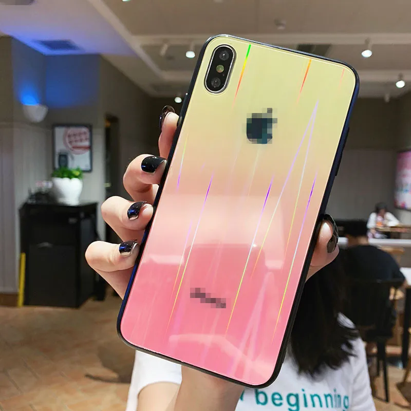 Роскошный стеклянный чехол для телефона aurora для iPhone 11 pro max с логотипом карамельного цвета, закаленное стекло для iPhone 8 7 6 6s 7Plus XR XS max - Цвет: pink