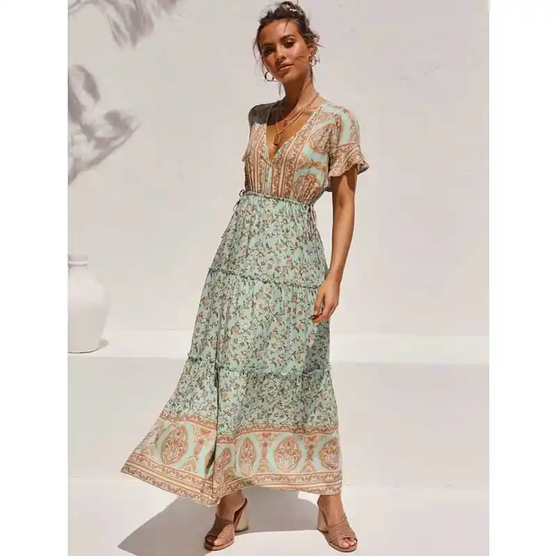 beige frill sleeve women summer maxi dress
