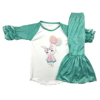 

Adorable balloon Easter 3/4 sleeves outfit with bunny print girls glitter bell bottom boutique kids clothes