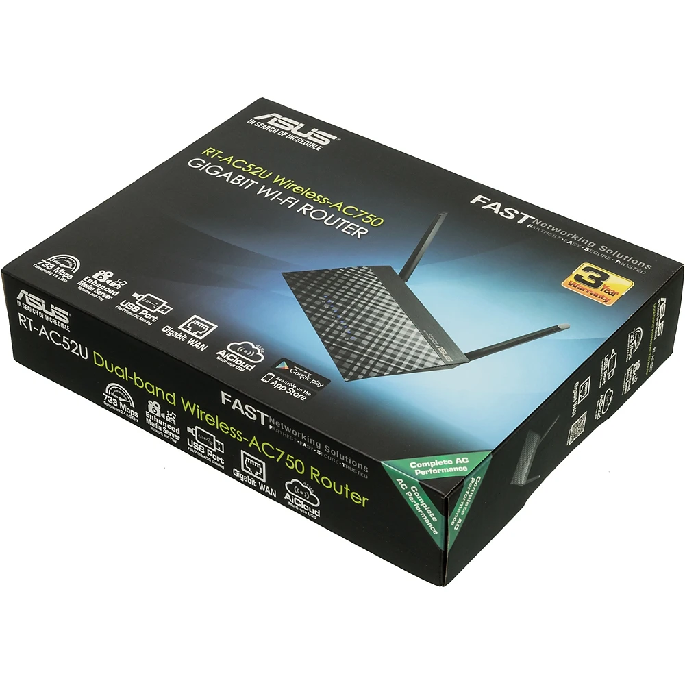 Роутер беспроводной Asus RT-AC52U AC750 10/100/1000BASE-TX/4G ready черный