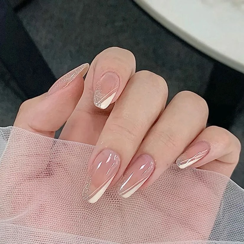 24pcs French False Nail With Glitter White V Designs Artificial Short Coffin Fake Nail Press On Nail Art Tip With Glue Manicure False Nails Aliexpress