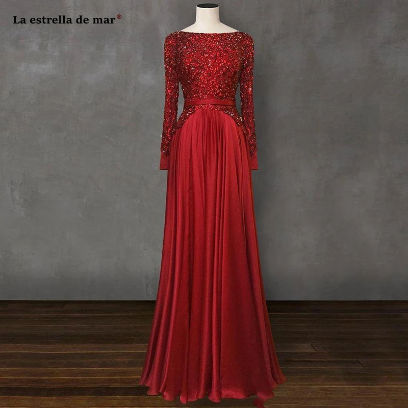

suknie wieczorowe Red Elegant Evening Dresses New Lace Crystal Silk Long Sleeve A Line prom crown abiti da cerimonia da sera