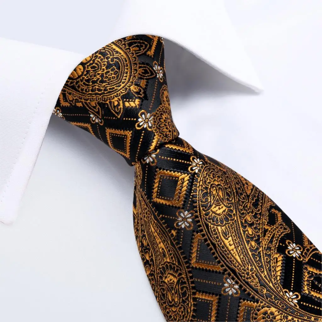 Gift Men Tie Gold Black Striped Paisley Silk Wedding Tie For Men DiBanGu Design Hanky Cufflink Quality Set neck tie