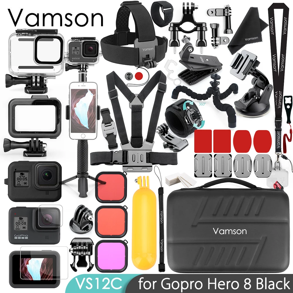 VS12C Vamson для Gopro hero 8, черный комплект аксессуаров, Супер набор, водонепроницаемый корпус, чехол, Крепление для штатива, монопод для Go pro hero 8 VS12 - Цвет: VS12C