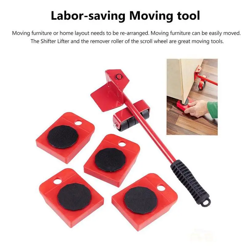 Manual Heavy Furniture Shifter Five-piece Mover Heavy Object Moving Tool 4 Moving Wheel+1 Wheel Bar Furniture Transport