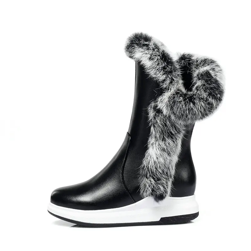 AIWEIYi/Сапоги до середины икры; теплые зимние сапоги на кроличьем меху; зимняя обувь на плоской подошве; женские черные ботиночки; Botas mujer