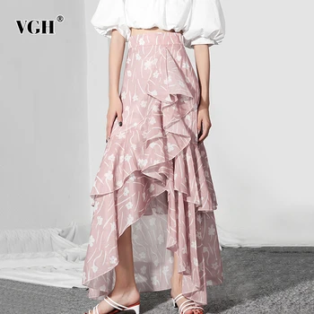 

VGH Elegant Print Asymmetrical Women Skirt High Waist Hit Color Patchwork Ruffles Hit Color Skirts Female 2020 Fashion Clothing