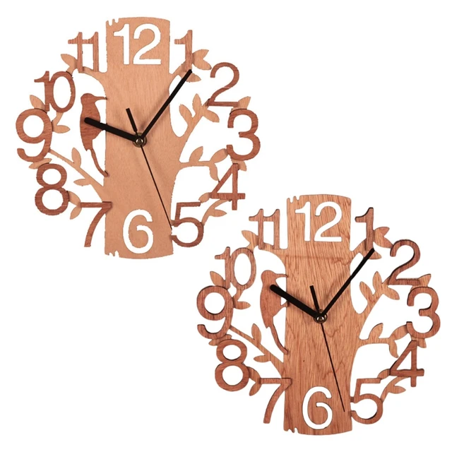 Q9QF Wooden Tree Shape Wall Clock Hanging DIY Round Watches Battery Operated for Office Living Room Home Decoration Supplies 5