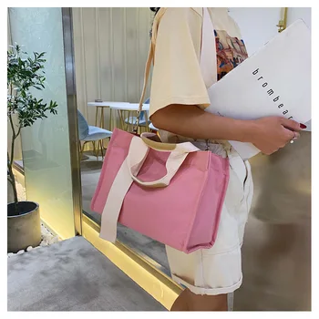 

2019 Solid Pink Canvas Bags For Women Office Female Large Capacity Tote Simple Handbag Casual Shoulder Bag Bolsa Feminina