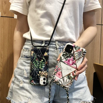 

Plating Flower and Leaf Phone Case For Huawei p30LITE Mate 20 30 soft cover For nova3e 4e With Crossbody Lanyard Neck Strap Rope