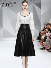 

2022 New Spring Fashion Runway Dress Suit Women's Office Party Two Piece Outfit Hollow Out Sweater with PU Leather Skirt Sets