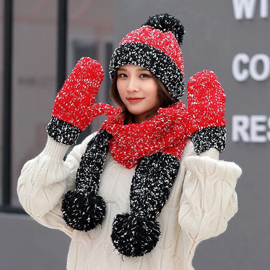 Модная зимняя женская вязаная шапка Venonat из 3 предметов+ шарф+ перчатки, комплект зимних аксессуаров, шарф, шарфы с помпонами, зимние шапки