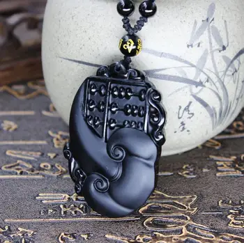 

LETSFUN Fine Jewelry 100% Natural Black Obsidian Energy Sculpture Ruyi Abacus Pendant + Necklace Free Shipping