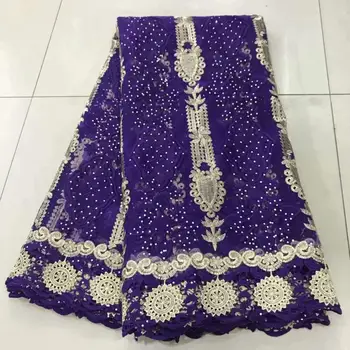 

Middle transparent emerald Purple African Swiss voile lace original chiffon fabric with heavy Stones Healthy use