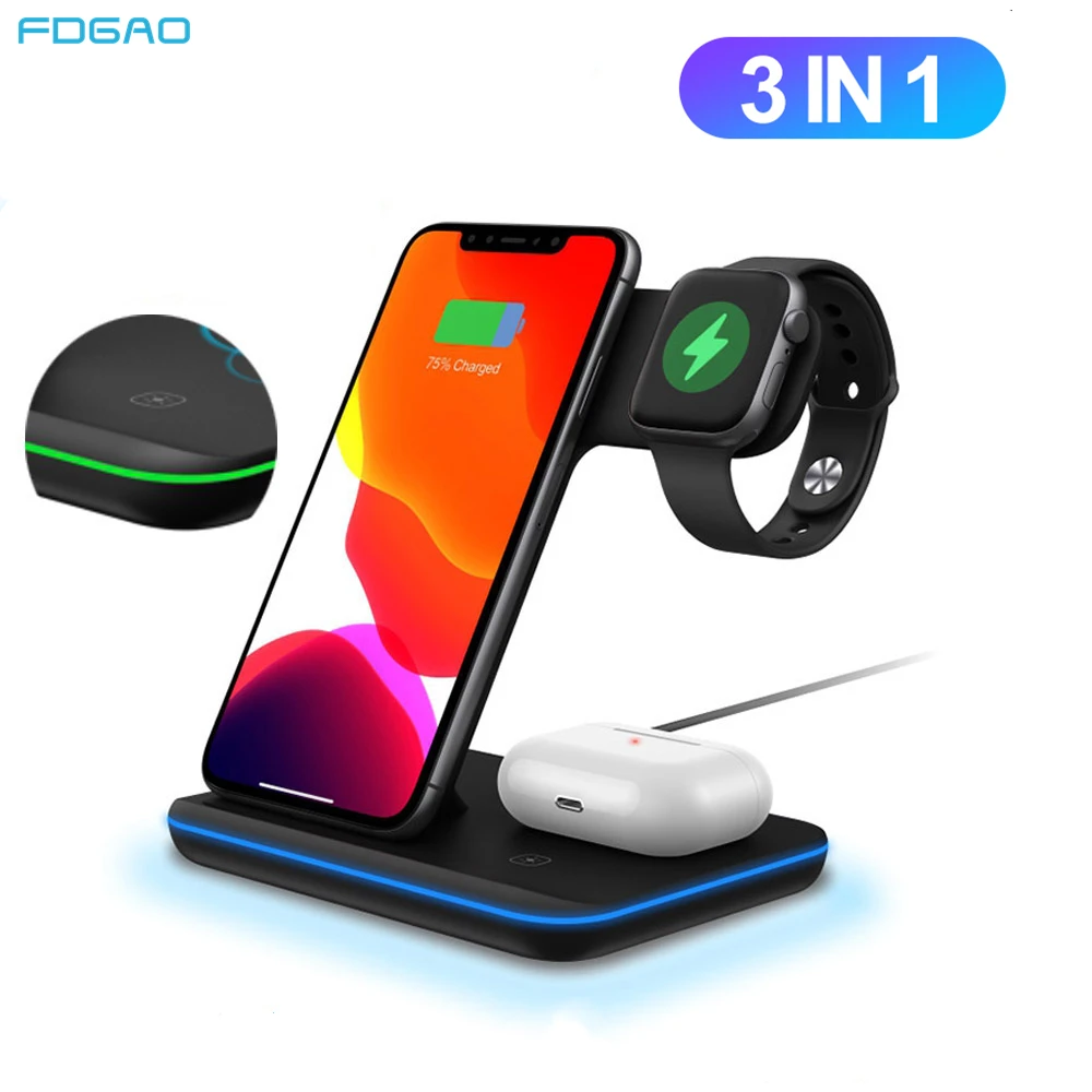 FDGAO 3 in 1 Fast Wireless Charger 15W Qi Charging Station For iPhone 12 Mini 11 XS XR For Apple Watch SE 6 5 4 3 2 AirPods pro