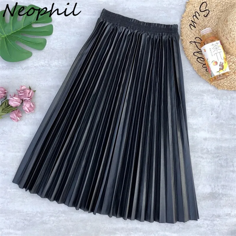 Neophil Ladies Black PU Fur Faux Leather Midi Skirt Thick Winter Pleated High Waist  Vintage Mid-calf Women Longa Saia S2010 new pleated skirts for women fall winter korean fashion elegant skirts high waist oversized office ladies skirts