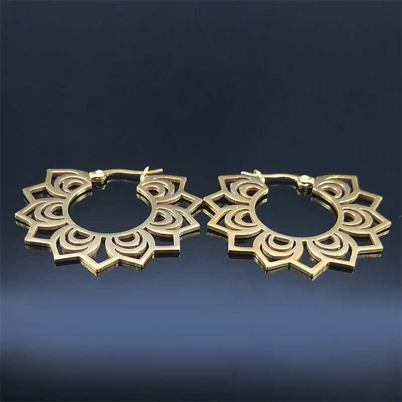 2026 Edelstahl Große Lotusblumen-Kreisohrringe für Damen Goldfarben Indische Runde Ohrringe Schmuck pendiente aro E8970S01 – Detail 5