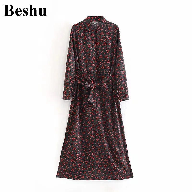 Модное платье ZA с отложным воротником цветочным принтом разрезом сбоку vestidos