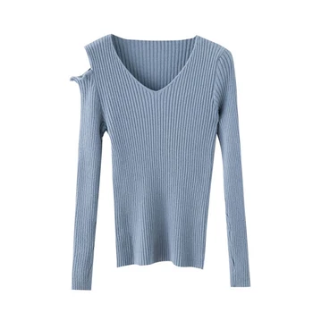 

Korean Style V-neck Long Sleeve Off The Shoulder Sweater Fashion Sexy Solid Color Women's Knit Pullover