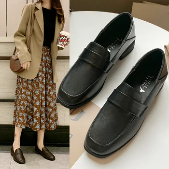 

Shallow Mouth Summer Shoes Ladies Female Footwear Slip-on All-Match Loafers With Fur Square Toe Oxfords Women's 2020 Dress New