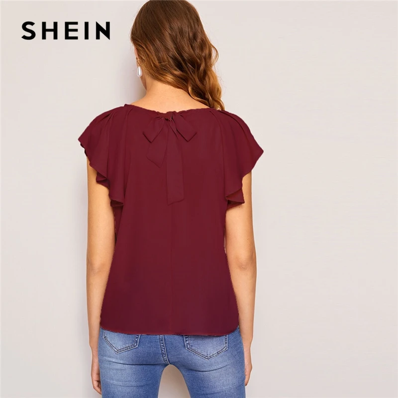 SHEIN модная повседневная однотонная блуза с завязками на спине, реглан, гофрированные плечи,, милые летние офисные женские топы с коротким рукавом и блузки