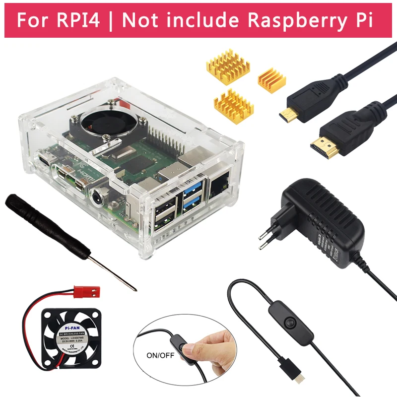 

Raspberry Pi 4 Model B Accessories Acrylic Case + Cooling Fan + Heatsink + Switch Power Adapter + Micro HDMI