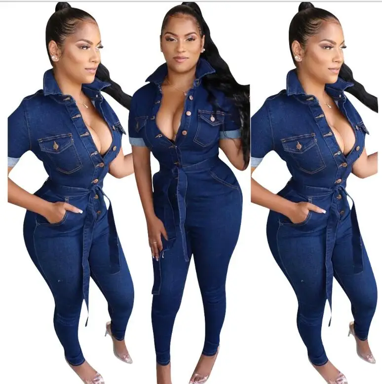 dark blue auitumn Winter Women Jeans Fashion Pockets Overalls Ripped Skinny Flare Jeans Casual Pencil Romper Denim Pants Trouser