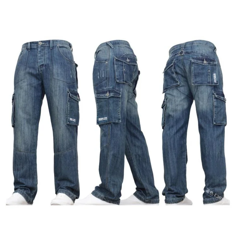 Мужские джинсы, мужские брюки, прямые, хлопковые, мужские, свободные, джинсы, больше карманов, комбинезоны, высокое качество