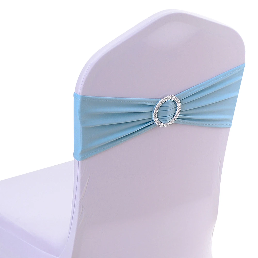 

Wholesales/Retail 50 Pieces Light Blue Chair Elastic Spandex Chair Bands With Round Plastic Buckle Wedding Decoration CB-50-LB