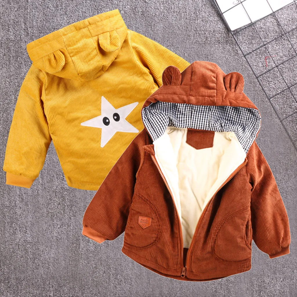 Зимние пальто для маленьких мальчиков и девочек; куртка с капюшоном и ушками; куртка для новорожденных; верхняя одежда; повседневная одежда для маленьких мальчиков и девочек; плотные пальто