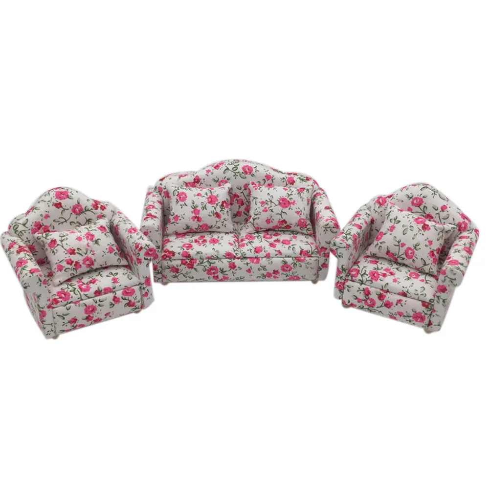 

3pcs 1:12 Dollhouse Miniature Living Room Dolls Furniture Sofa Set Children's Toy Couch Model Floral Style Kids Pretend Play Toy