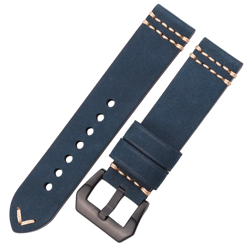 Blue Black Buckle HENGRC ремешок для часов 18 мм, 20 мм, 22 мм, 24 мм, Воловья кожа, Ремешки для наручных часов для женщин и мужчин, аксессуары для часов, браслет из натуральной кожи - Цвет ремешка: Blue Black Buckle