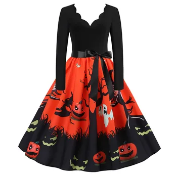 

Women Vintage Long Sleeve Halloween 1950s Housewife Evening Cosplay Party Prom Dress Jumpsuit Sunsuit Outfits Clothes