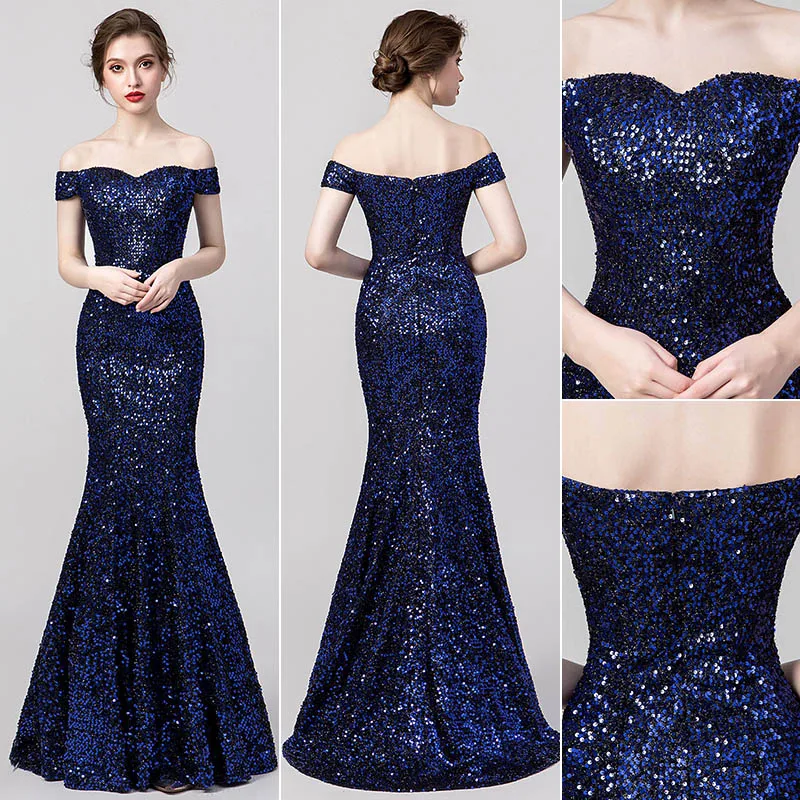 Блестящее Королевское синее свадебное платье с блестками для гостей, Длинные вечерние платья подружки невесты с открытыми плечами для женщин, vestido de festa Longo 5397