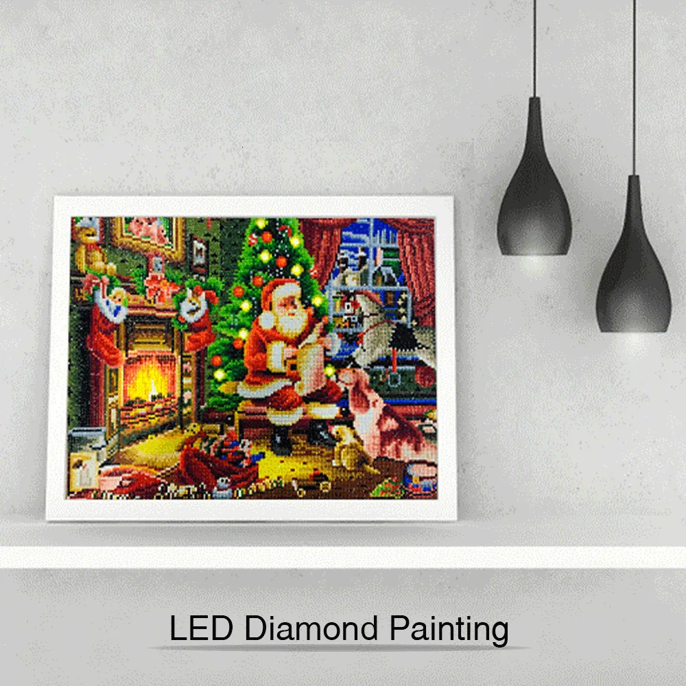 EverShine LED Light Diamond Painting Round Drill Diamond Embroidery Santa Claus Home Decor With Frame Diamond Mosaic Christmas