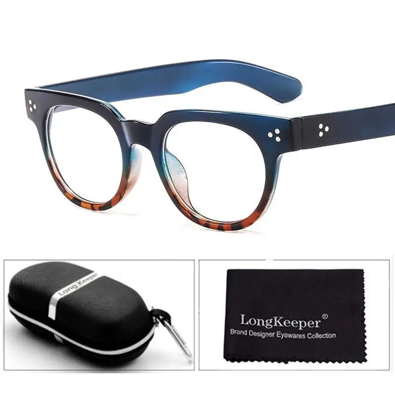 Новые модные маленькие круглые очки с Чехол Для женщин Элитный бренд заклепки и прозрачными стеклами Для мужчин Винтаж оправы для очков подарочный набор - Цвет оправы: Blue-Leopard