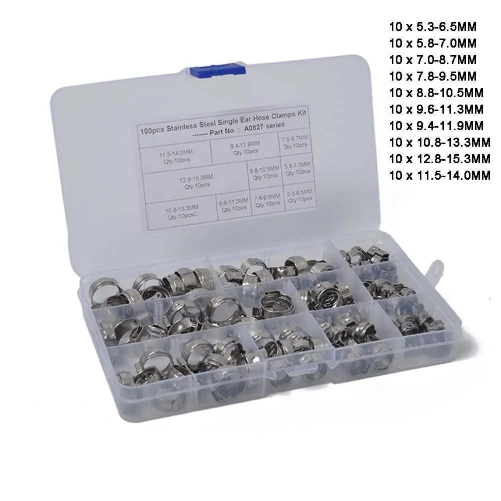 Stainless Steel Single Ear Hose Clamp 100Pcs 5.3-15.3mm Crimp Assortment Kit Stepless Cinch Rings Pinch Fit | Автомобили и