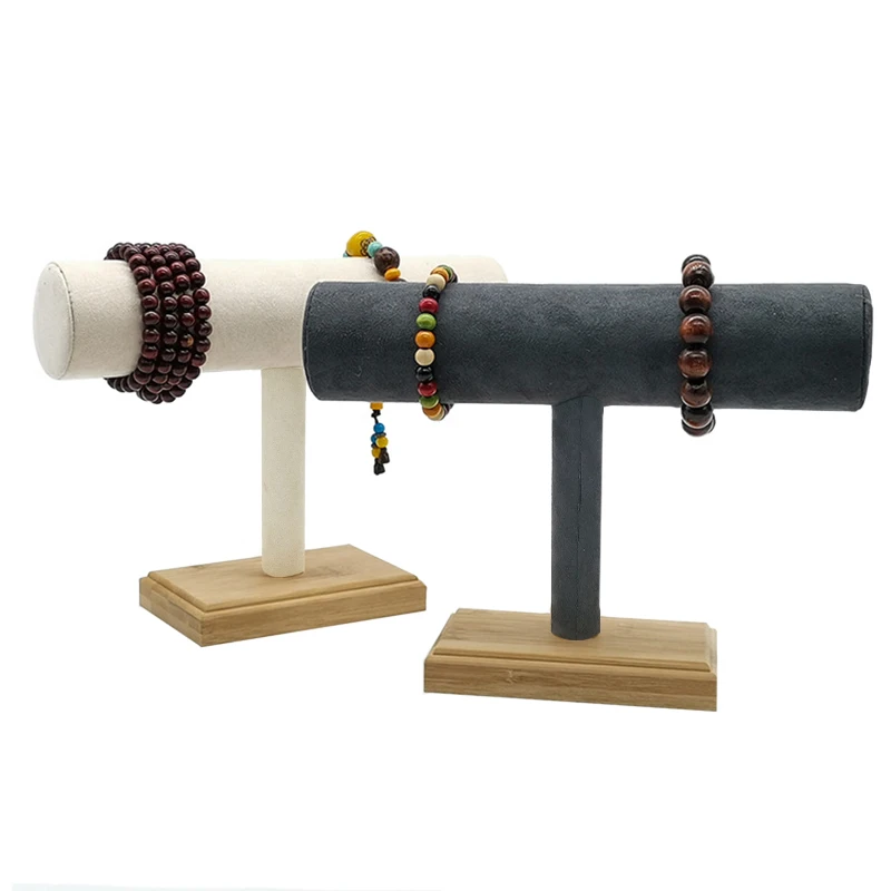 Kopen 1Pc Bamboe Hout Enkele Tier T Bar Rack Armband Horloge Armband Display Houder Stand Donker Grijs Beige fluwelen Organizer