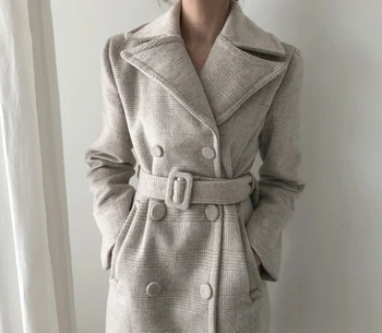 

Women new woolen Fashion long plaid Coat with belt Office Lady overcoat blazer coat