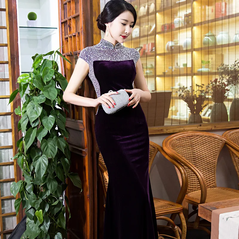 Сексуальное Тонкое платье Cheongsam с воротником «Мандарин», традиционное длинное бархатное платье Qipao Vestidos, элегантные женские вечерние платья