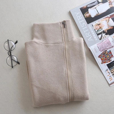 beige camel Шерсть, хлопок, смешанной вязки, женская мода, короткий кардиган на молнии, свитер, пальто с высоким воротником, S-2XL,, розница - Цвет: beige camel