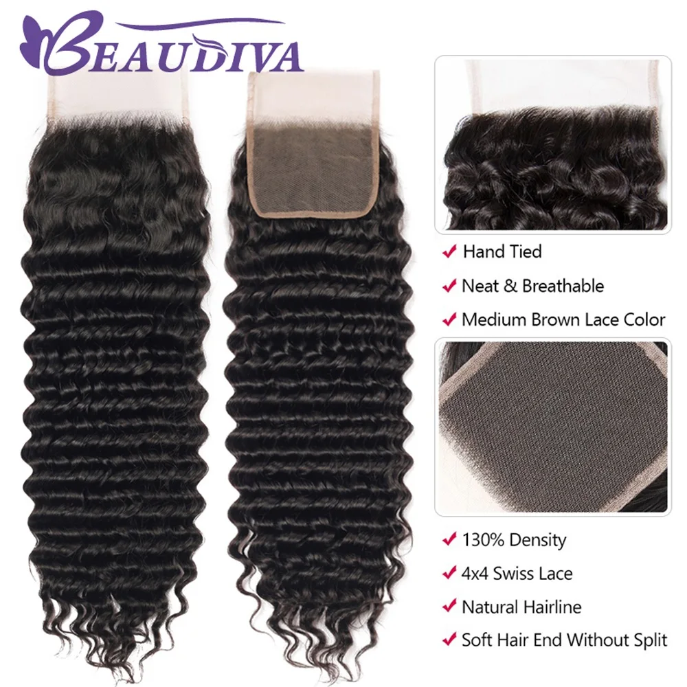 BEAUDIVA Brazilian Hair Weave Deep Wave 3 Bundles With Closure 100% Human Hair Bundles With Closure Remy Hair Extensions