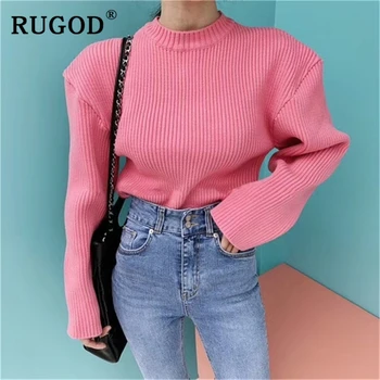 

RUGOD Vintage solid knitted women sweater elegant round neck long sleeve loose pullovers female 2019 Fashion warm winter sweater