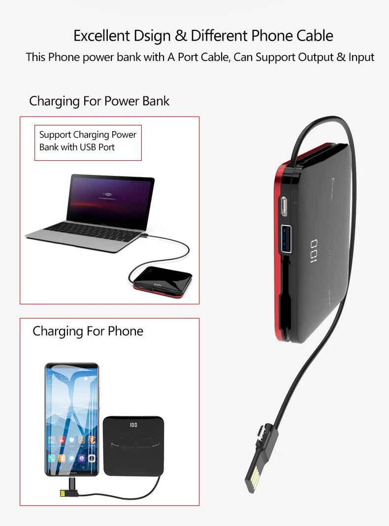 8000Mah мини-панель солнечных батарей Мощность банк встроенный 3In1Cable Беспроводной Портативный Зарядное устройство ультра-тонкое зеркало Экран внешний Батарея повербанк