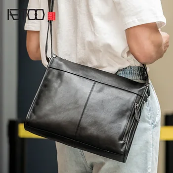 

AETOO Men's bags, head leather one-shoulder bags, men's casual large-capacity horizontal leather slant bag