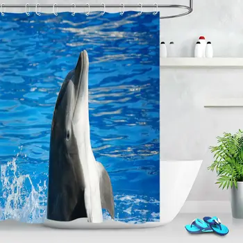 

Cute Little Dolphin Blue Seawater Bathroom Fabric Shower Curtain Set Hooks 72"