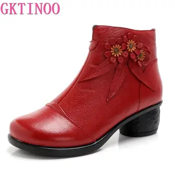 

GKTINOO Vintage Handmade Genuine Leather Women Ankle Boots Casual Snow Boots Winter Ladies Flower Shoes Zip Rubber Botines Mujer